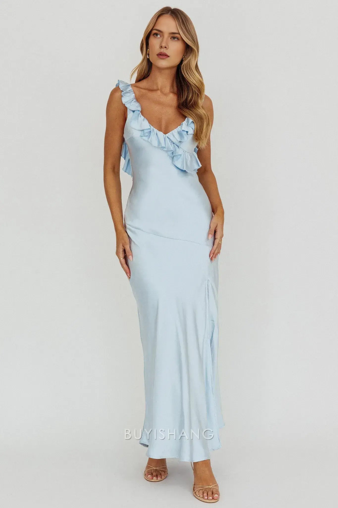 Elegant Ruffled V - Neck Satin Maxi Dress with Side Slit prom dress